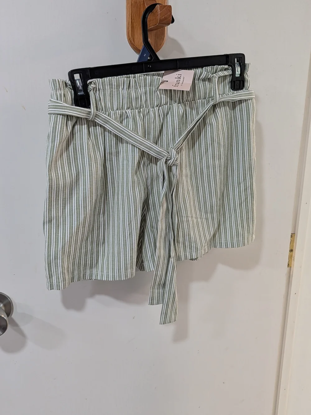Francesca's Collections Sage and White Striped Paperbag Waist Shorts with Tie